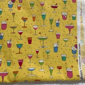 Fabric 2 Yards cotton Happy Hour village screen print yellow cocktail drinks